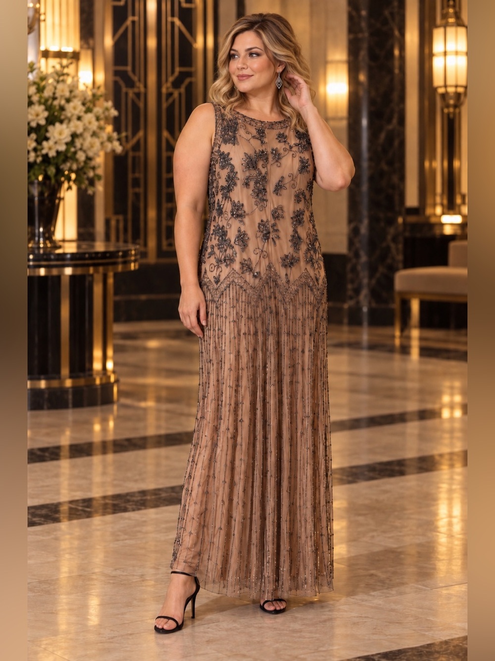 Beaded Mesh/Nude Black Gatsby evening formal dress. Size 16